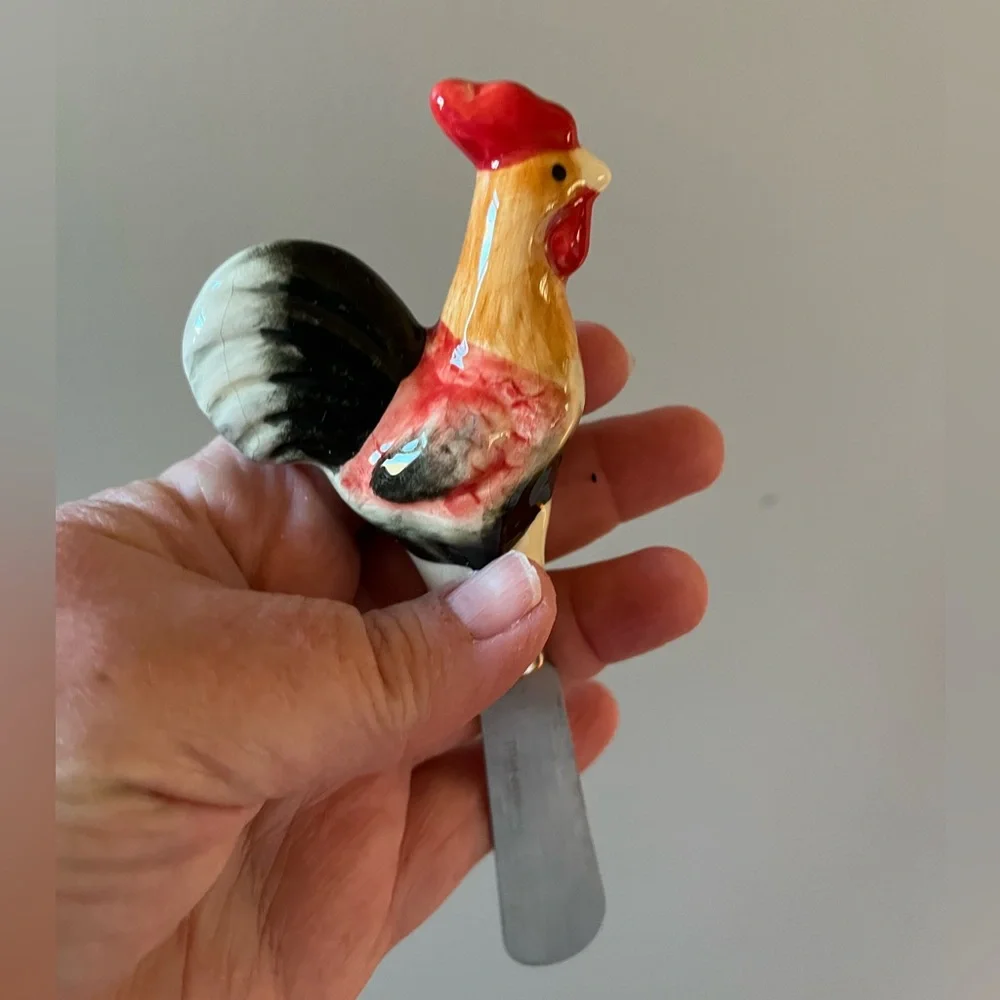 Rooster Ceramic Spoon Handle Butter Knife - Red, Black, Cream